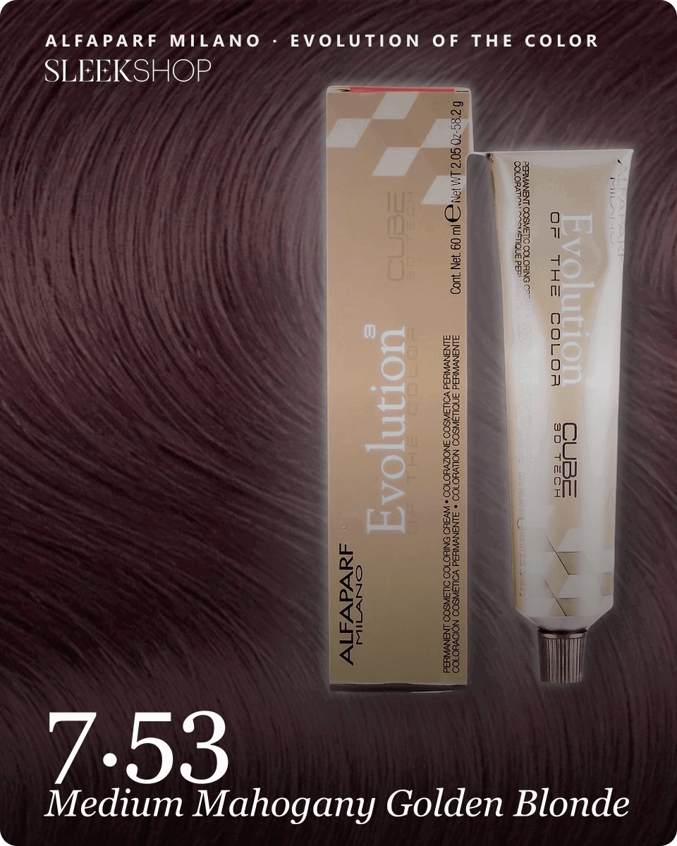 alfaparf milano evolution of the color 7.53 medium mahogany golden blonde hair color -- shade swatch with product packaging
