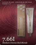 alfaparf milano evolution of the color 7.66i medium intense red blonde hair color -- shade swatch with product packaging