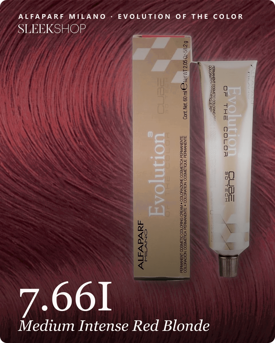 alfaparf milano evolution of the color 7.66i medium intense red blonde hair color -- shade swatch with product packaging