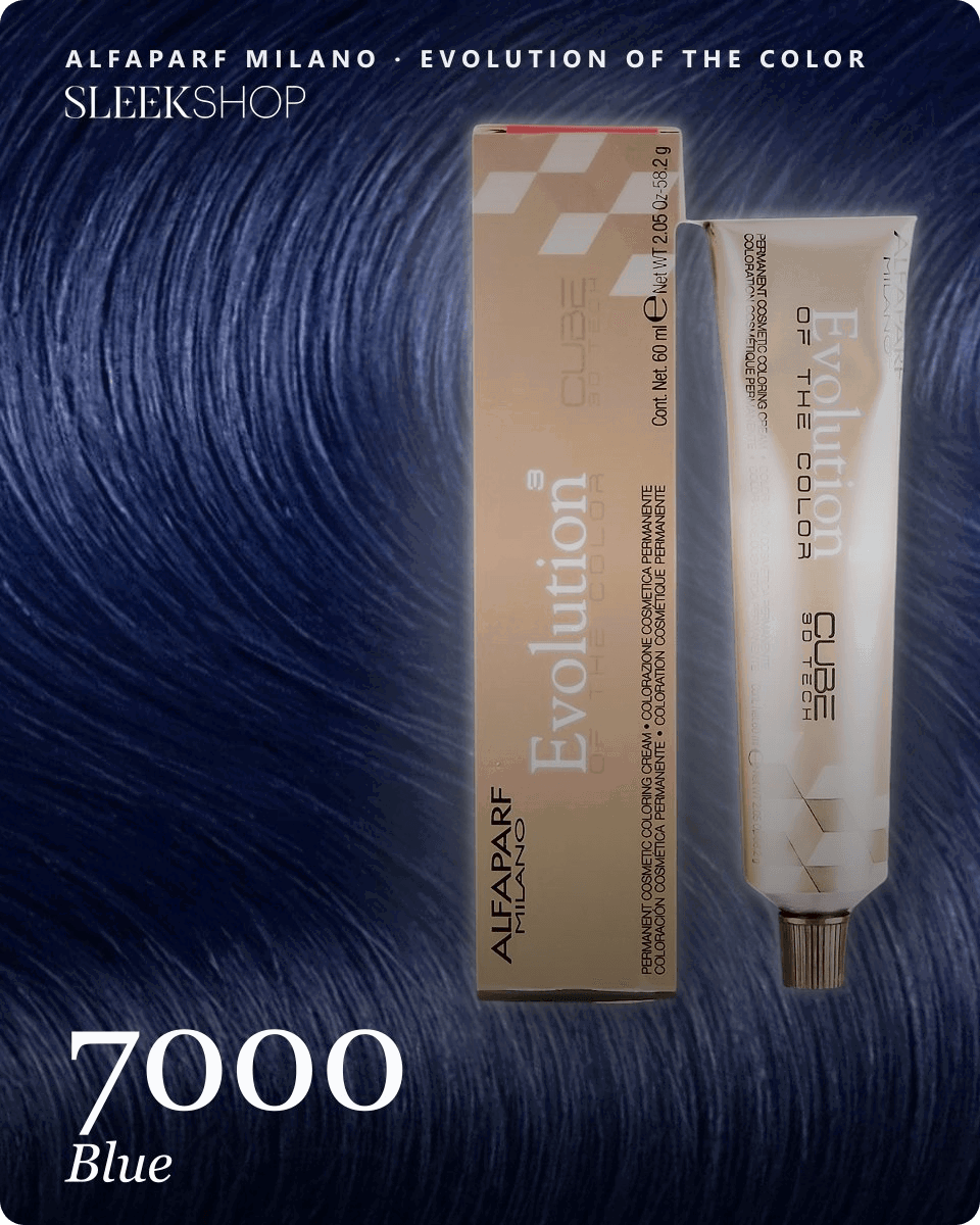 alfaparf milano evolution of the color 7000 blue hair color -- shade swatch with product packaging alfaparf milano evolution of the color 7000 blue hair color -- shade swatch with product packaging