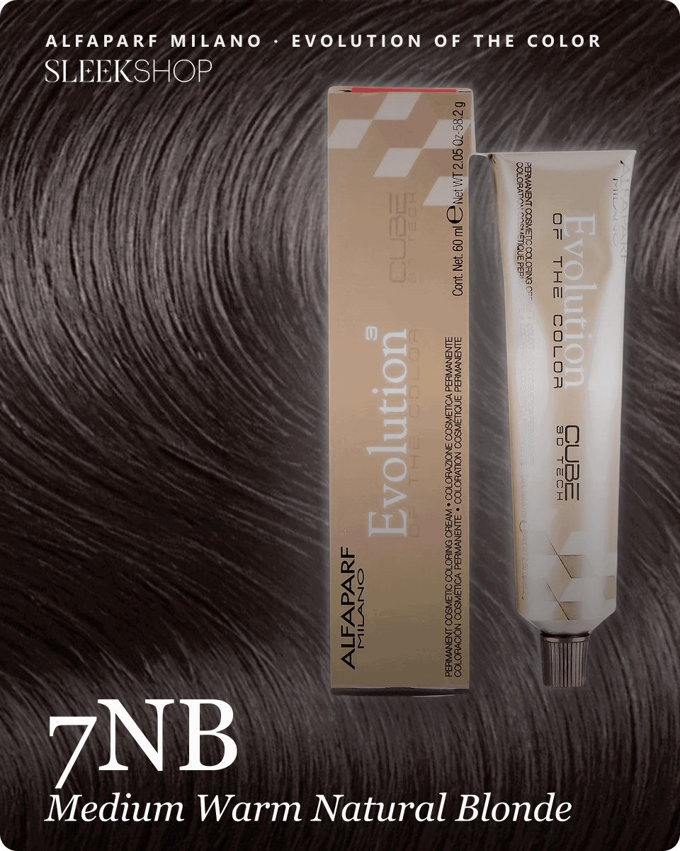 alfaparf milano evolution of the color 7nb medium warm natural blonde hair color -- shade swatch with product packaging alfaparf milano evolution of the color 7nb medium warm natural blonde hair color -- shade swatch with product packaging