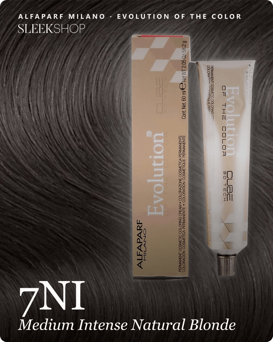 alfaparf milano evolution of the color 7ni medium intense natural blonde hair color -- shade swatch with product packaging