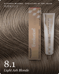 alfaparf milano evolution of the color 8.1 light ash blonde hair color -- shade swatch with product packaging alfaparf milano evolution of the color 8.1 light ash blonde hair color -- shade swatch with product packaging