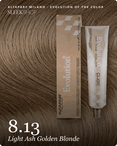 alfaparf milano evolution of the color 8.13 light ash golden blonde hair color -- shade swatch with product packaging alfaparf milano evolution of the color 8.13 light ash golden blonde hair color -- shade swatch with product packaging