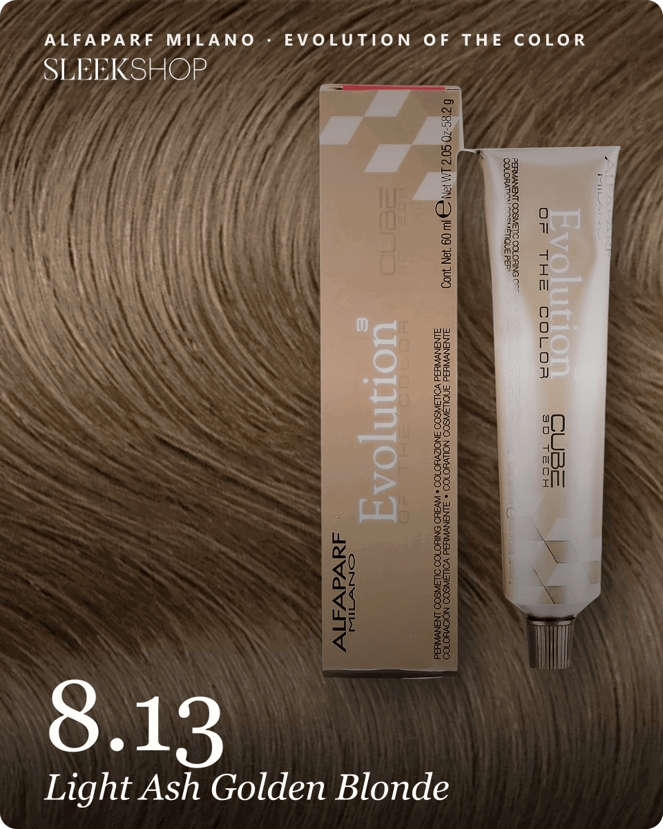 alfaparf milano evolution of the color 8.13 light ash golden blonde hair color -- shade swatch with product packaging alfaparf milano evolution of the color 8.13 light ash golden blonde hair color -- shade swatch with product packaging