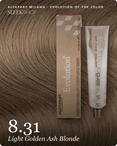 alfaparf milano evolution of the color 8.31 light golden ash blonde hair color -- shade swatch with product packaging alfaparf milano evolution of the color 8.31 light golden ash blonde hair color -- shade swatch with product packaging