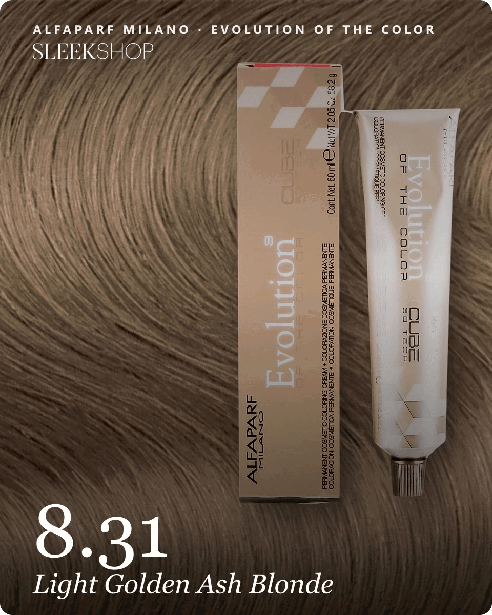 alfaparf milano evolution of the color 8.31 light golden ash blonde hair color -- shade swatch with product packaging alfaparf milano evolution of the color 8.31 light golden ash blonde hair color -- shade swatch with product packaging