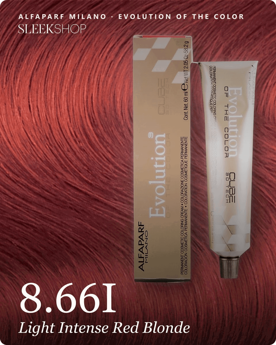 alfaparf milano evolution of the color 8.66i light intense red blonde hair color -- shade swatch with product packaging