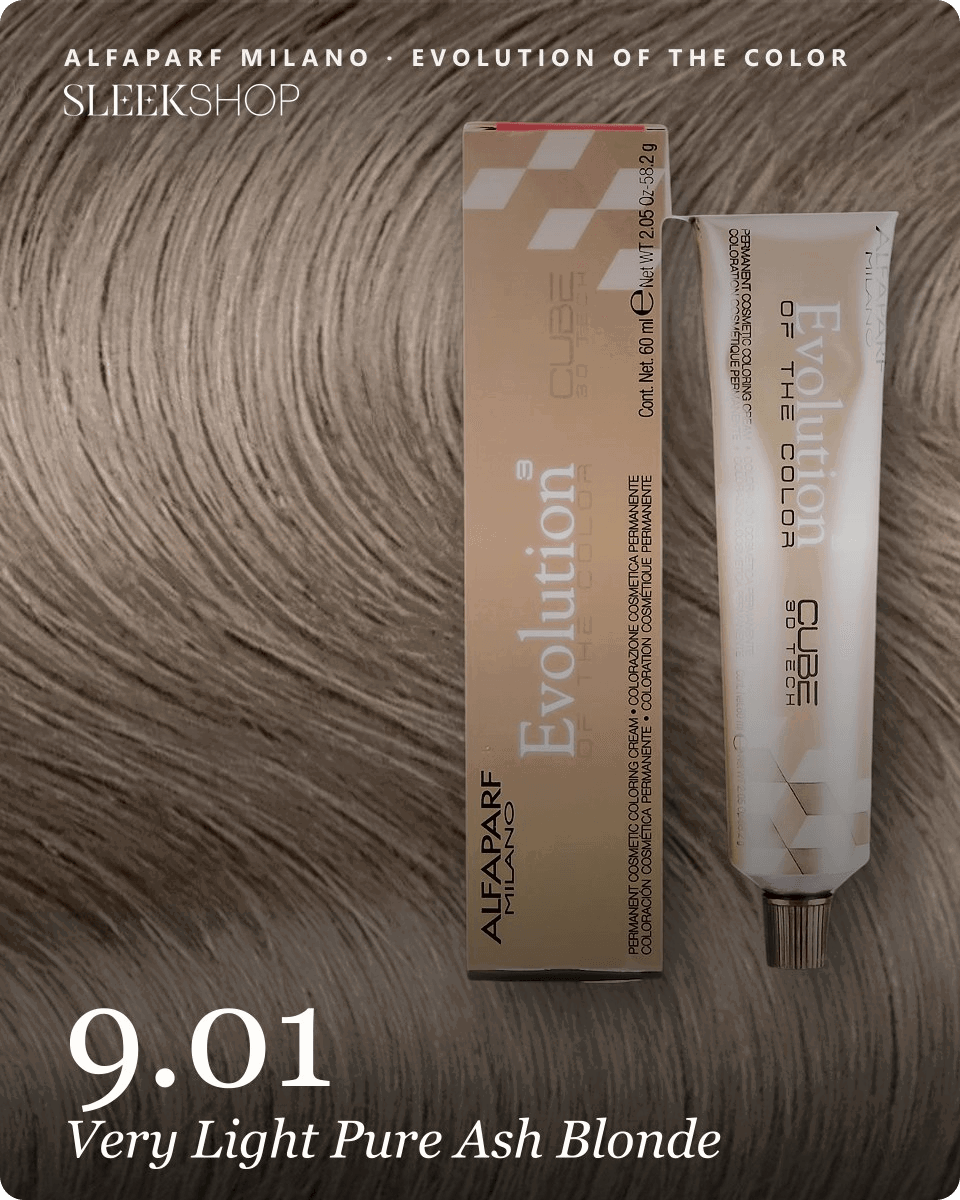 alfaparf milano evolution of the color 9.01 very light pure ash blonde hair color -- shade swatch with product packaging alfaparf milano evolution of the color 9.01 very light pure ash blonde hair color -- shade swatch with product packaging