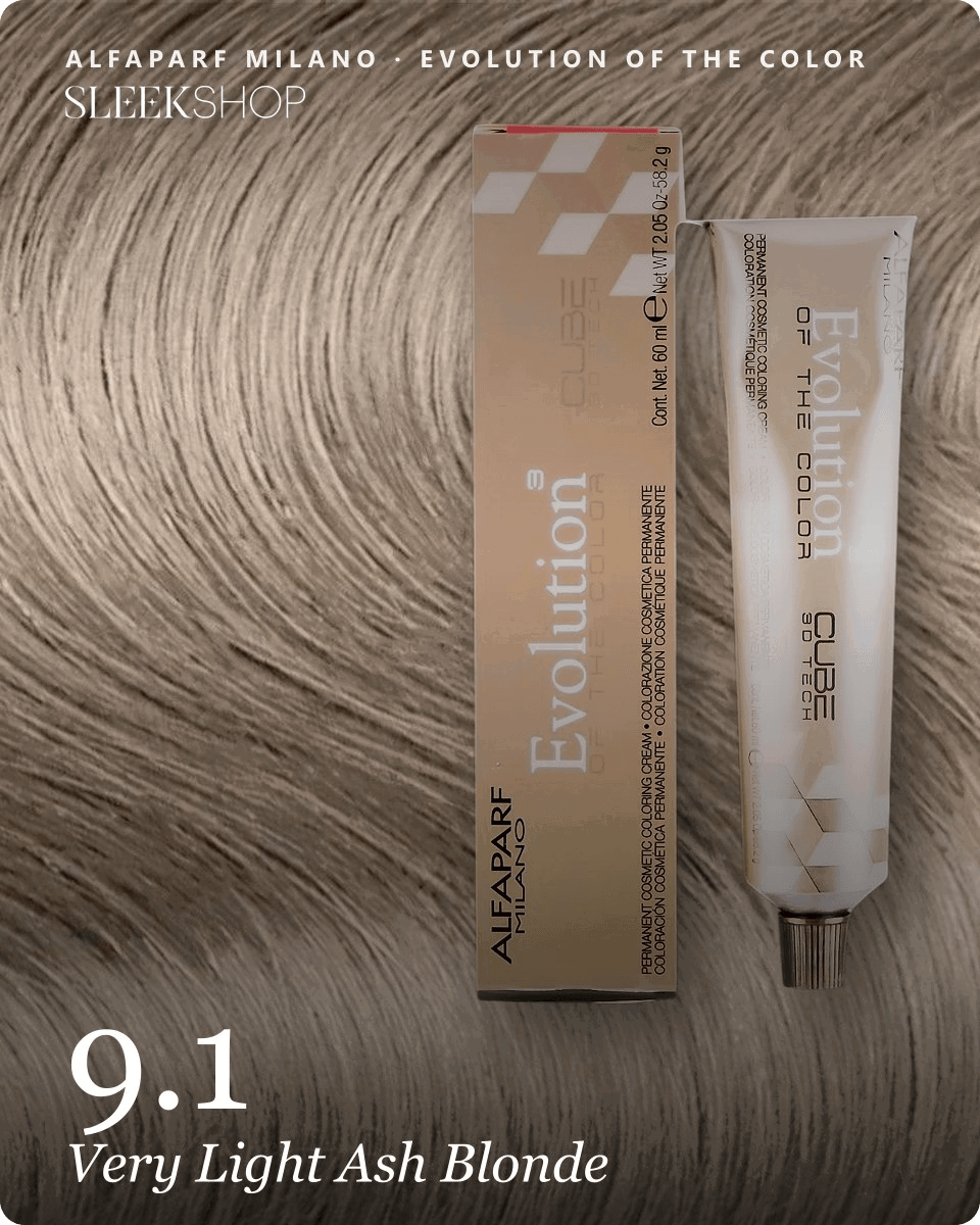 alfaparf milano evolution of the color 9.1 very light ash blonde hair color -- shade swatch with product packaging