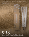 alfaparf milano evolution of the color 9.13 very light ash golden blonde hair color -- shade swatch with product packaging alfaparf milano evolution of the color 9.13 very light ash golden blonde hair color -- shade swatch with product packaging