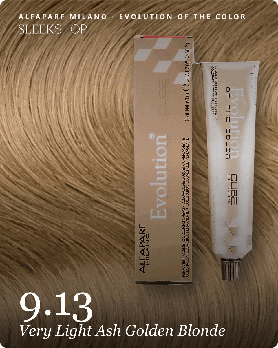 alfaparf milano evolution of the color 9.13 very light ash golden blonde hair color -- shade swatch with product packaging alfaparf milano evolution of the color 9.13 very light ash golden blonde hair color -- shade swatch with product packaging