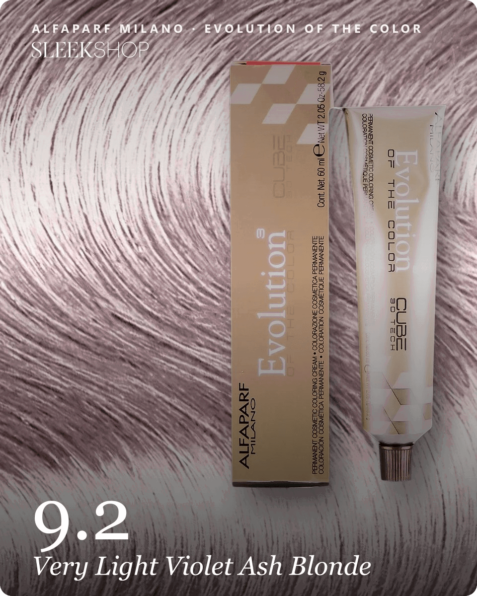 alfaparf milano evolution of the color 9.2 very light violet ash blonde hair color -- shade swatch with product packaging