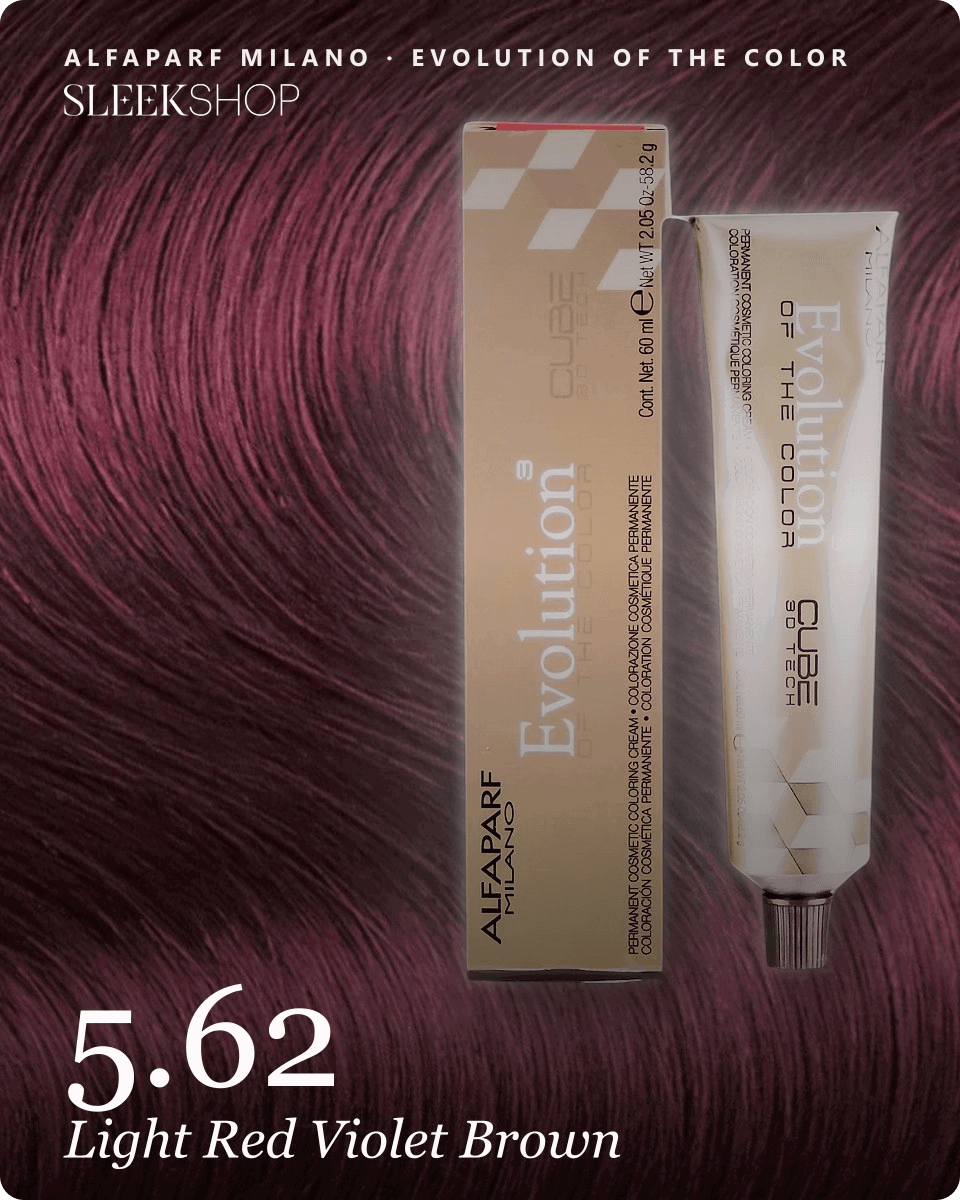 alfaparf milano evolution of the color 5.62 light red violet brown hair color -- shade swatch with product packaging alfaparf milano evolution of the color 5.62 light red violet brown hair color -- shade swatch with product packaging