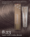 alfaparf milano evolution of the color 8.23 light violet golden blonde hair color -- shade swatch with product packaging