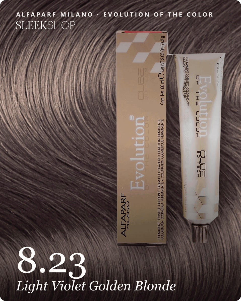 alfaparf milano evolution of the color 8.23 light violet golden blonde hair color -- shade swatch with product packaging