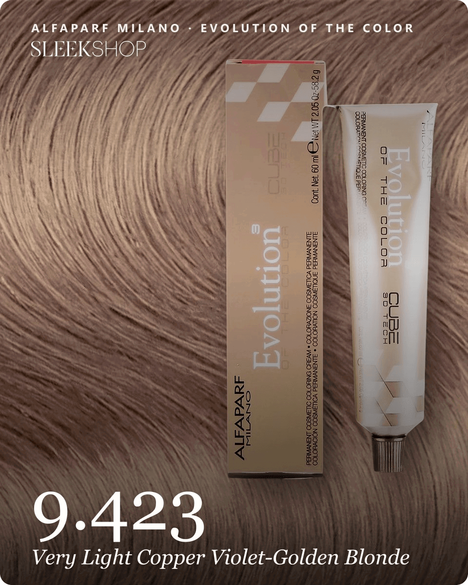 alfaparf milano evolution of the color 9.423 very light copper violet golden blonde… -- shade swatch with product packaging alfaparf milano evolution of the color 9.423 very light copper violet golden blonde… -- shade swatch with product packaging