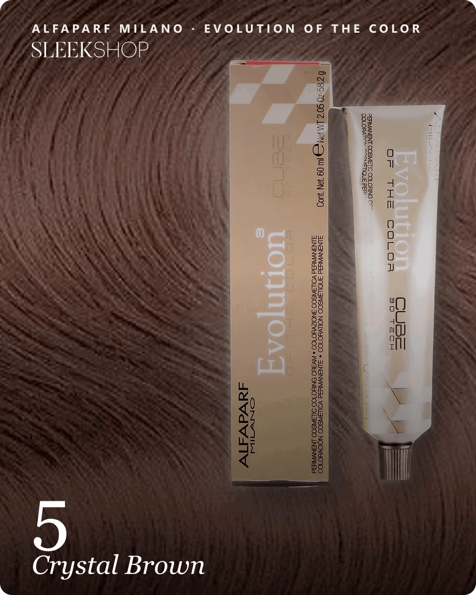 alfaparf milano evolution of the color 5 crystal brown hair color -- shade swatch with product packaging