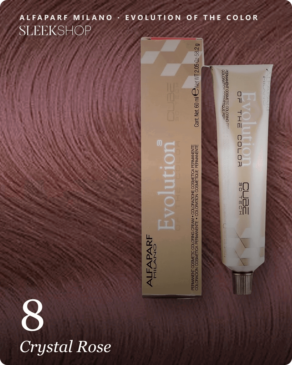 alfaparf milano evolution of the color 8 crystal rose hair color -- shade swatch with product packaging alfaparf milano evolution of the color 8 crystal rose hair color -- shade swatch with product packaging