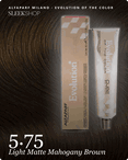 alfaparf milano evolution of the color 5.75 light matte mahogany brown hair color -- shade swatch with product packaging
