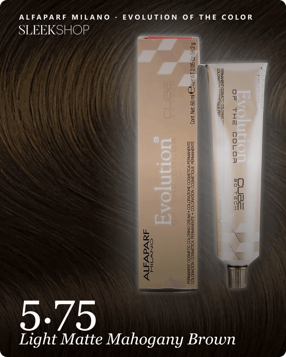 alfaparf milano evolution of the color 5.75 light matte mahogany brown hair color -- shade swatch with product packaging