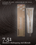 alfaparf milano evolution of the color 7.51 medium mahogany ash blonde hair color -- shade swatch with product packaging alfaparf milano evolution of the color 7.51 medium mahogany ash blonde hair color -- shade swatch with product packaging