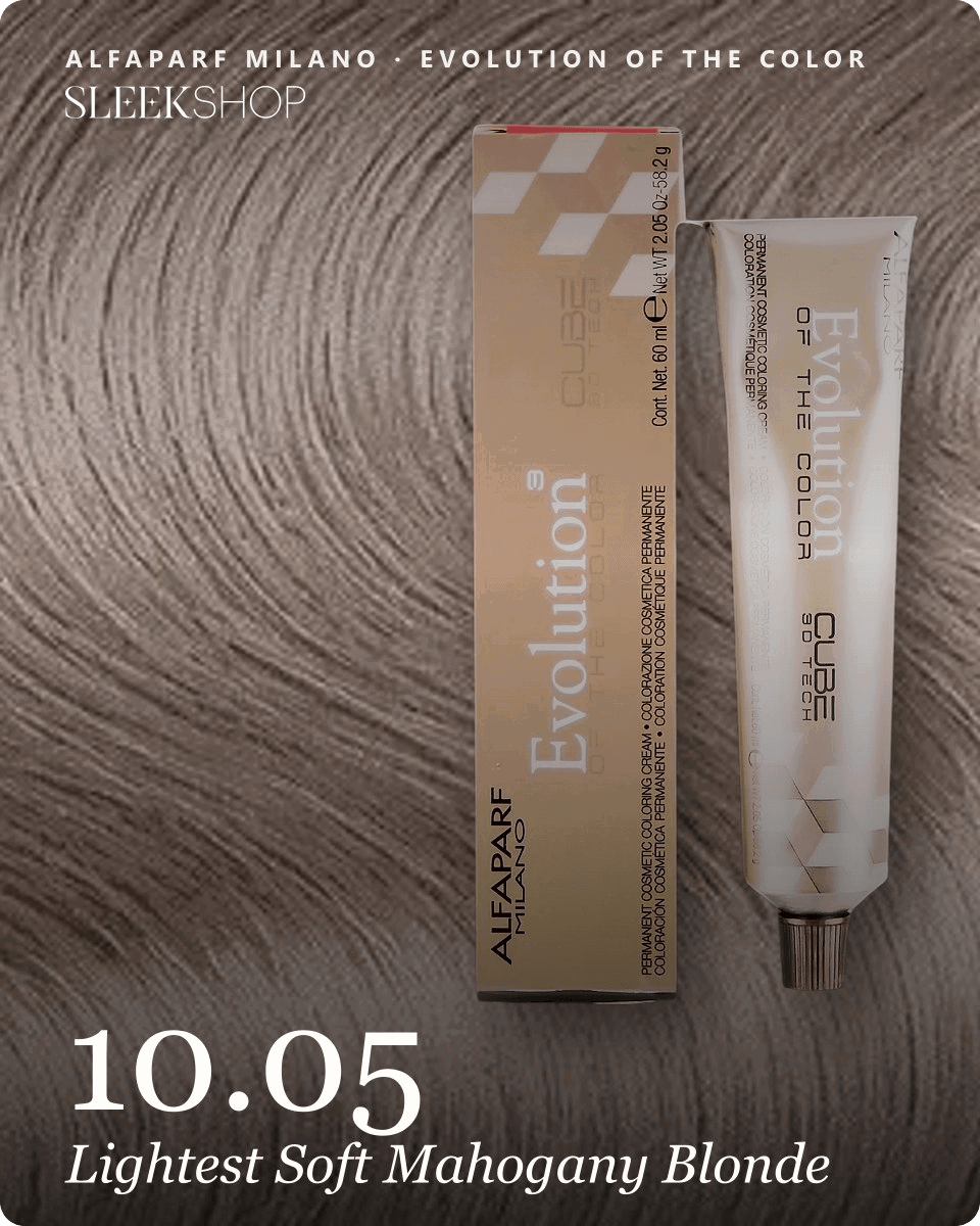 alfaparf milano evolution of the color 10.05 lightest soft mahogany blonde hair color -- shade swatch with product packaging