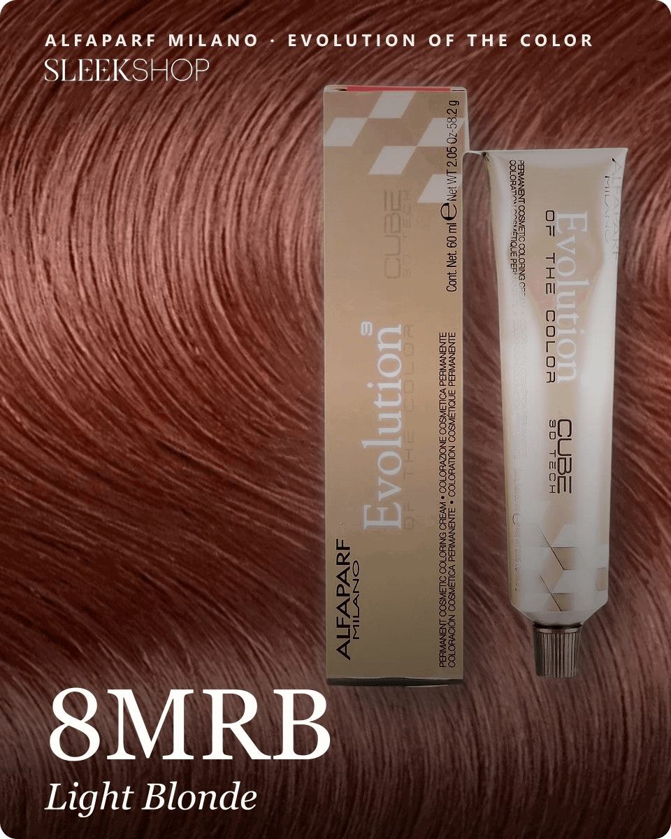 alfaparf milano evolution of the color 8mrb light blonde hair color -- shade swatch with product packaging