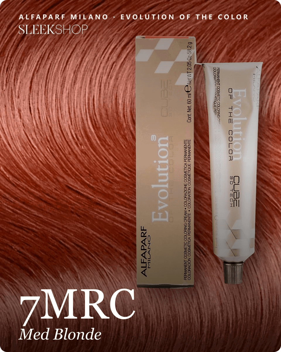 alfaparf milano evolution of the color 7mrc med blonde hair color -- shade swatch with product packaging alfaparf milano evolution of the color 7mrc med blonde hair color -- shade swatch with product packaging