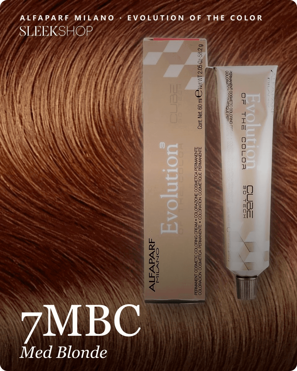 alfaparf milano evolution of the color 7mbc med blonde hair color -- shade swatch with product packaging