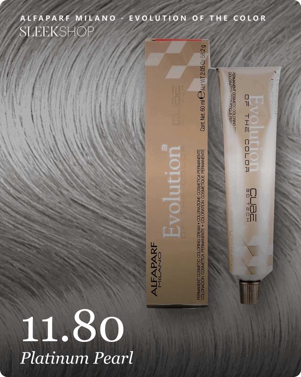 alfaparf milano evolution of the color 11.80 platinum pearl hair color -- shade swatch with product packaging alfaparf milano evolution of the color 11.80 platinum pearl hair color -- shade swatch with product packaging