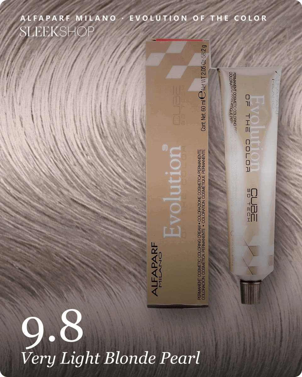 alfaparf milano evolution of the color 9.8 very light blonde pearl hair color -- shade swatch with product packaging