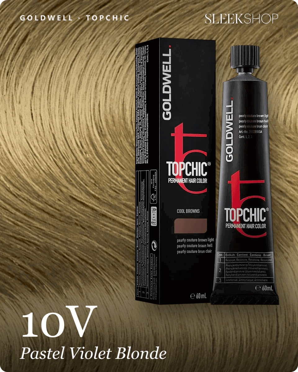 goldwell topchic 10v pastel violet blonde hair color -- shade swatch with product packaging goldwell topchic 10v pastel violet blonde hair color -- shade swatch with product packaging