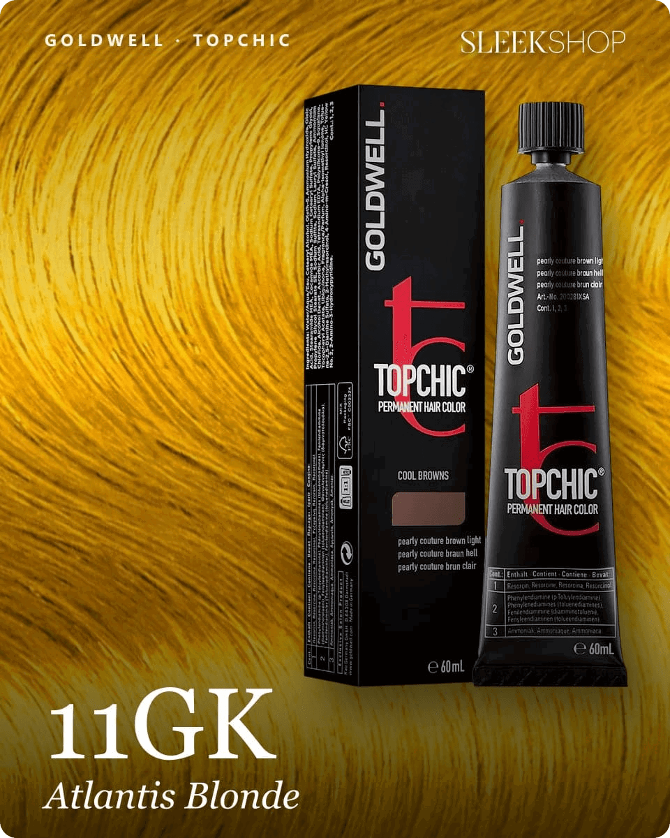 goldwell topchic 11gk atlantis blonde hair color -- shade swatch with product packaging