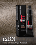 goldwell topchic 12bn ultra blonde beige natural hair color -- shade swatch with product packaging goldwell topchic 12bn ultra blonde beige natural hair color -- shade swatch with product packaging