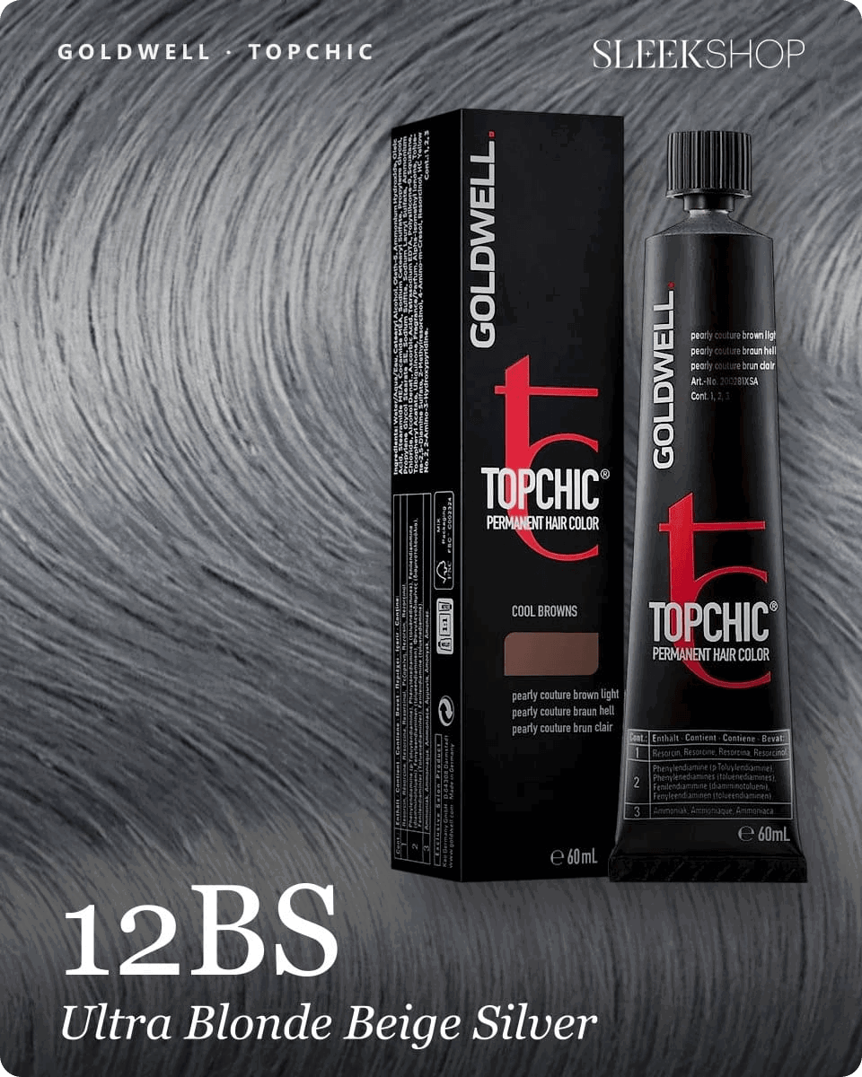 goldwell topchic 12bs ultra blonde beige silver hair color -- shade swatch with product packaging