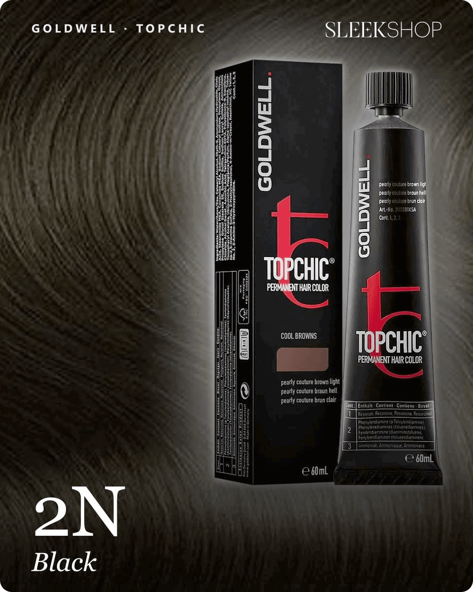 goldwell topchic 2n black hair color -- shade swatch with product packaging goldwell topchic 2n black hair color -- shade swatch with product packaging