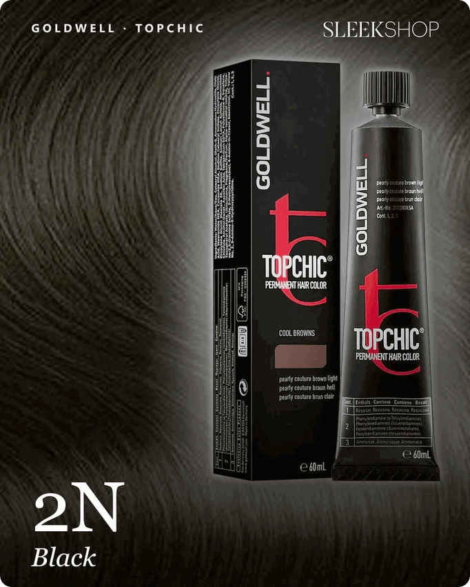 goldwell topchic 2n black hair color -- shade swatch with product packaging
