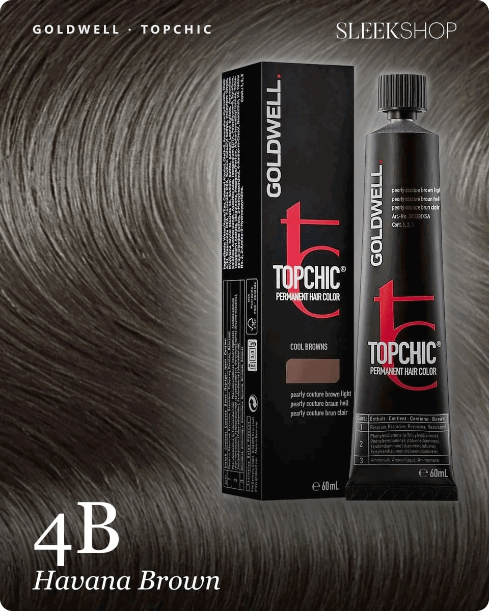 goldwell topchic 4b havana brown hair color -- shade swatch with product packaging goldwell topchic 4b havana brown hair color -- shade swatch with product packaging