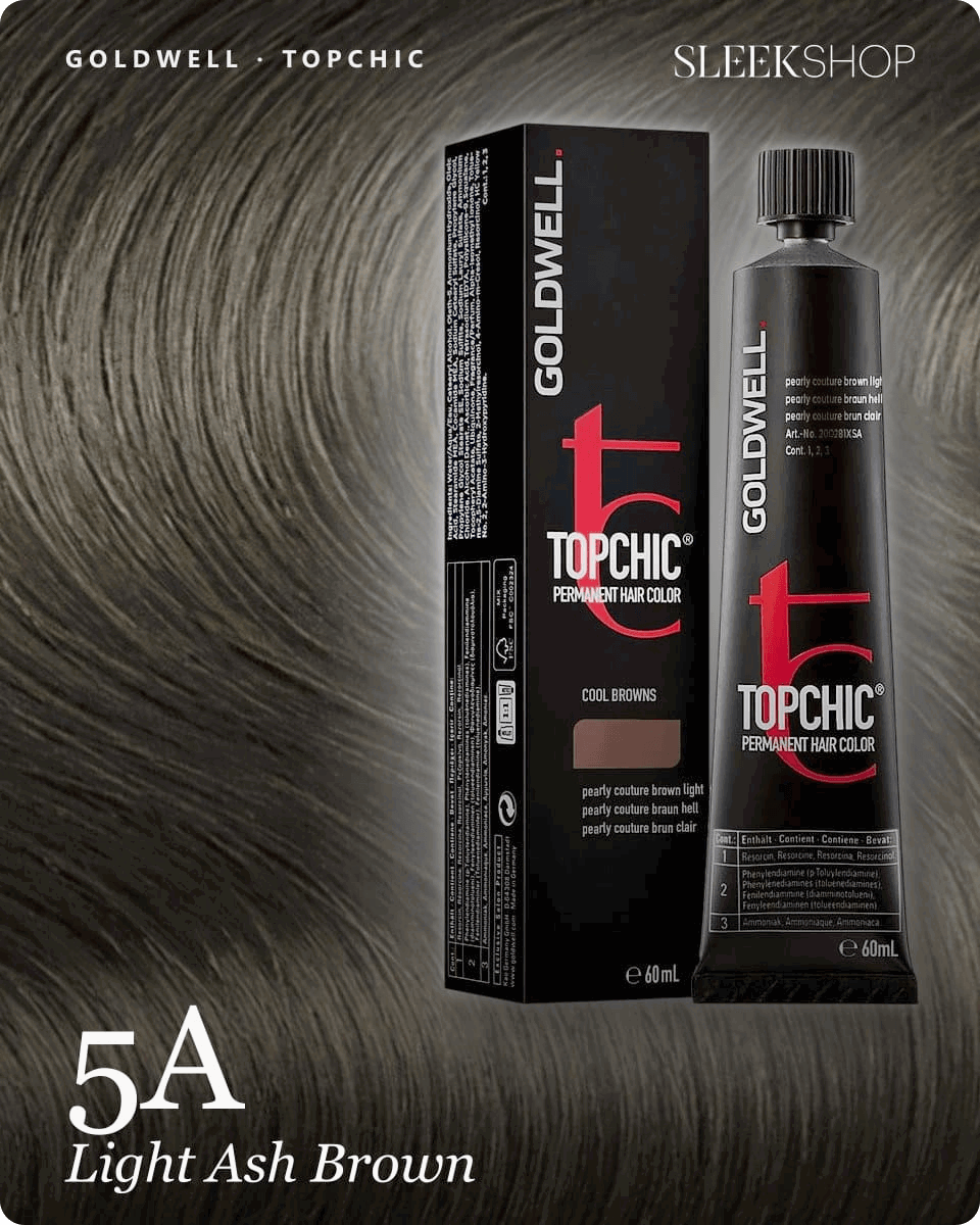 goldwell topchic 5a light ash brown hair color -- shade swatch with product packaging