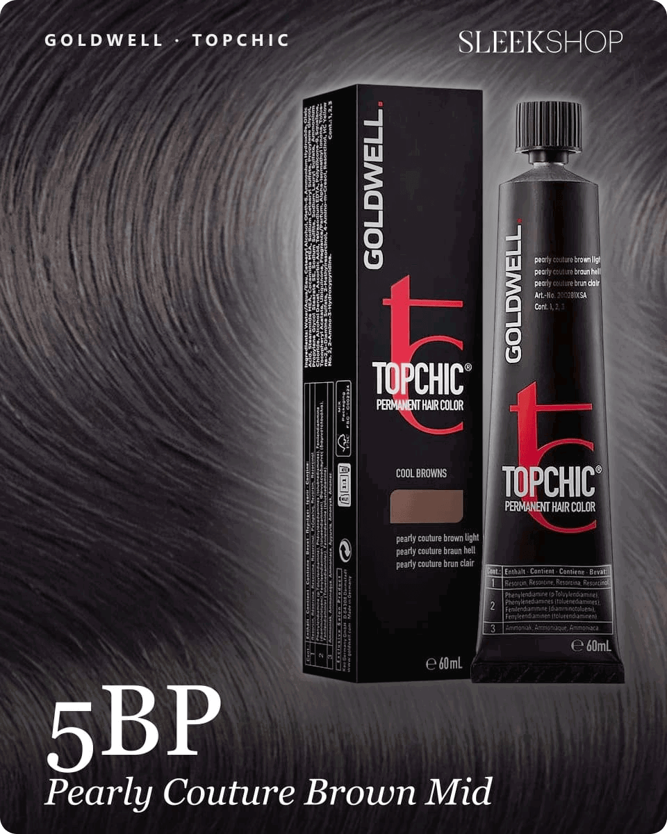 goldwell topchic 5bp pearly couture brown mid hair color -- shade swatch with product packaging goldwell topchic 5bp pearly couture brown mid hair color -- shade swatch with product packaging