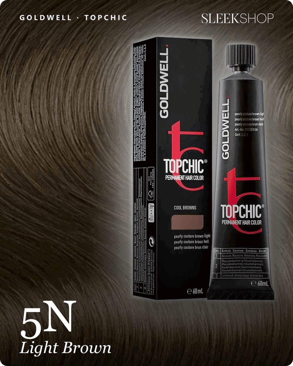 goldwell topchic 5n light brown hair color -- shade swatch with product packaging goldwell topchic 5n light brown hair color -- shade swatch with product packaging