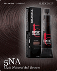 goldwell topchic 5na light natural ash brown hair color -- shade swatch with product packaging goldwell topchic 5na light natural ash brown hair color -- shade swatch with product packaging