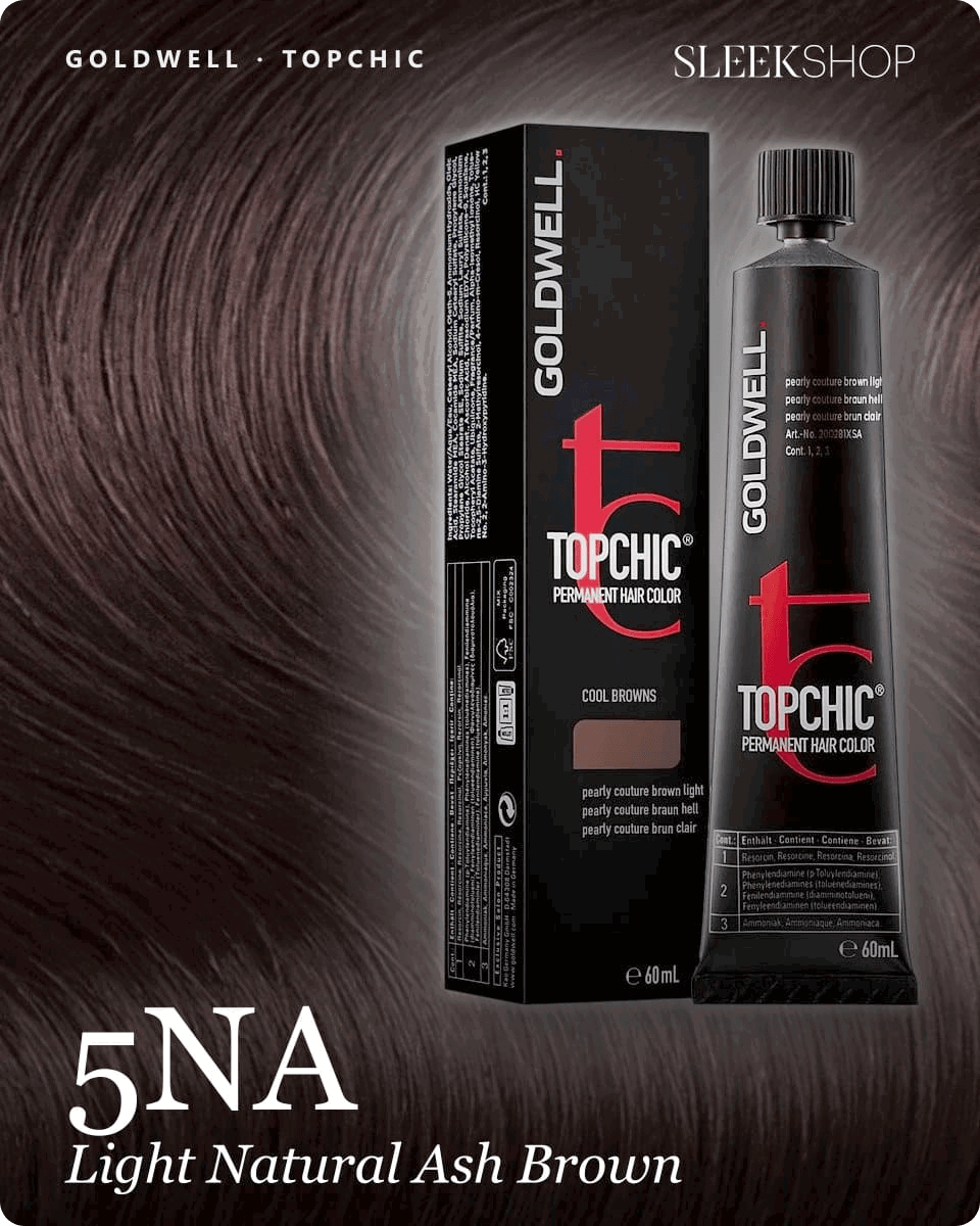 goldwell topchic 5na light natural ash brown hair color -- shade swatch with product packaging goldwell topchic 5na light natural ash brown hair color -- shade swatch with product packaging