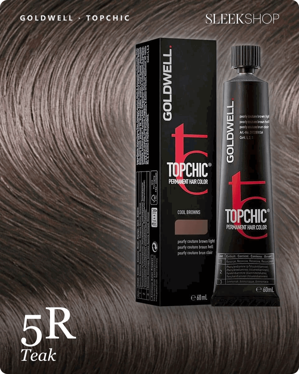 goldwell topchic 5r teak hair color -- shade swatch with product packaging