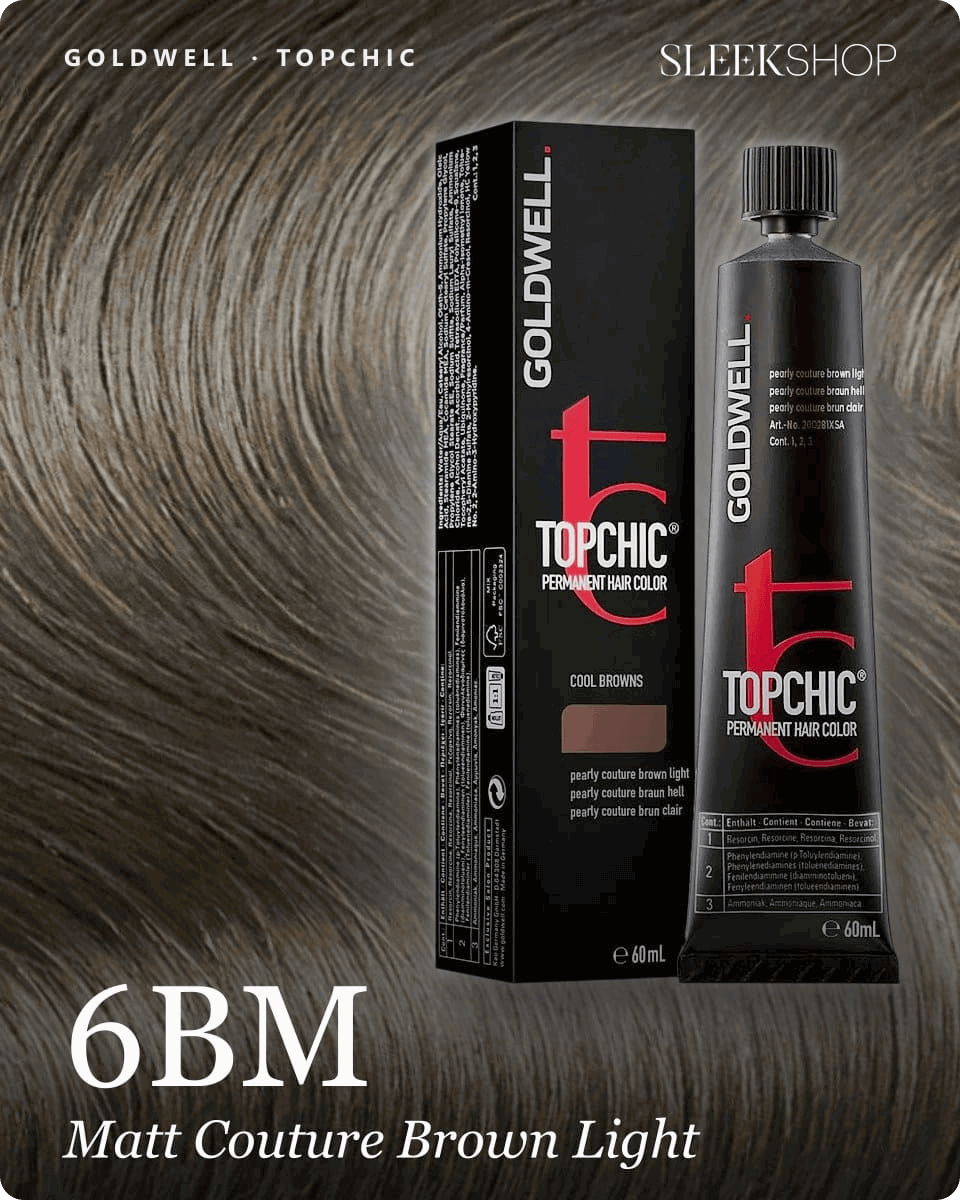 goldwell topchic 6bm matt couture brown light hair color -- shade swatch with product packaging goldwell topchic 6bm matt couture brown light hair color -- shade swatch with product packaging