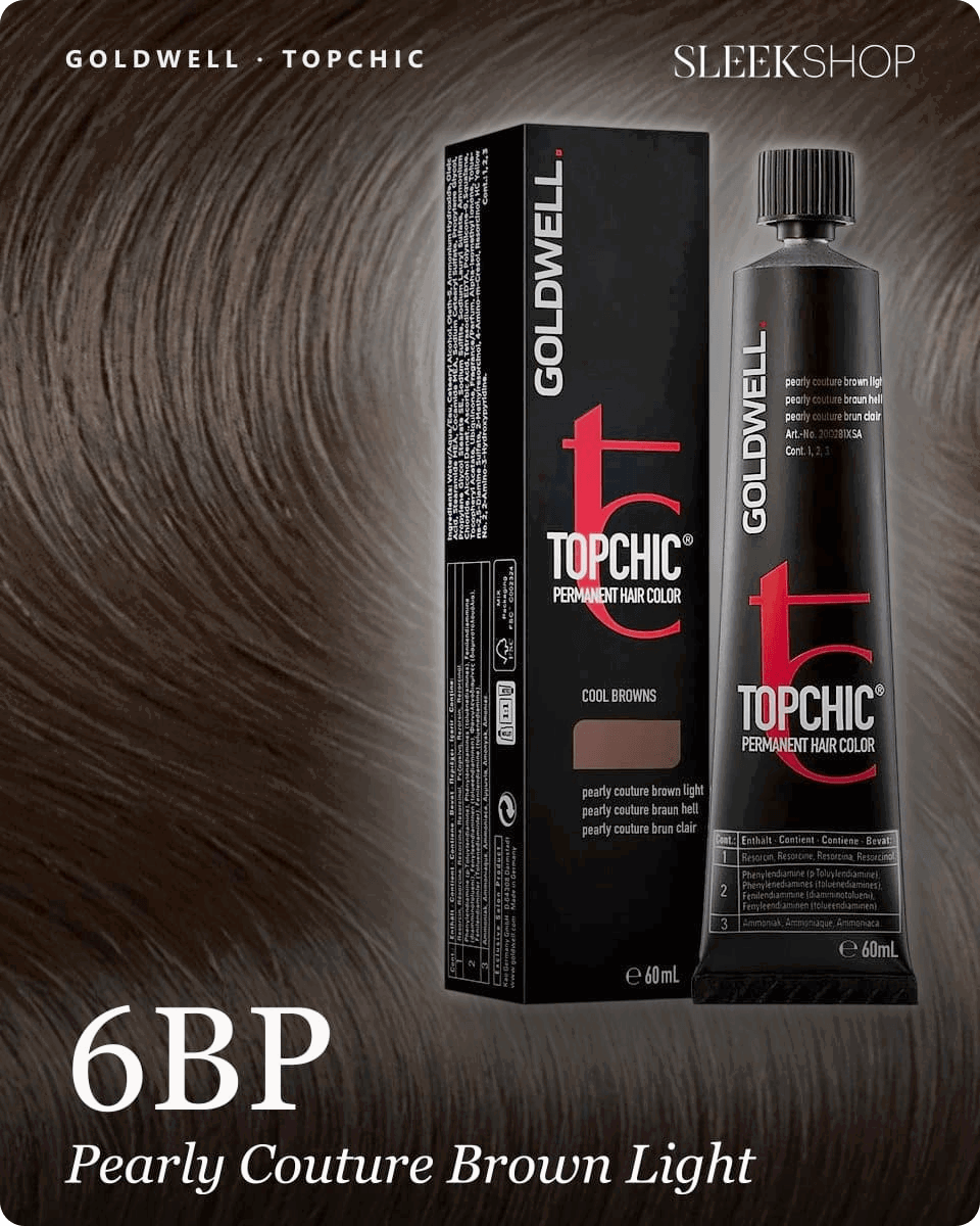 goldwell topchic 6bp pearly couture brown light hair color -- shade swatch with product packaging goldwell topchic 6bp pearly couture brown light hair color -- shade swatch with product packaging