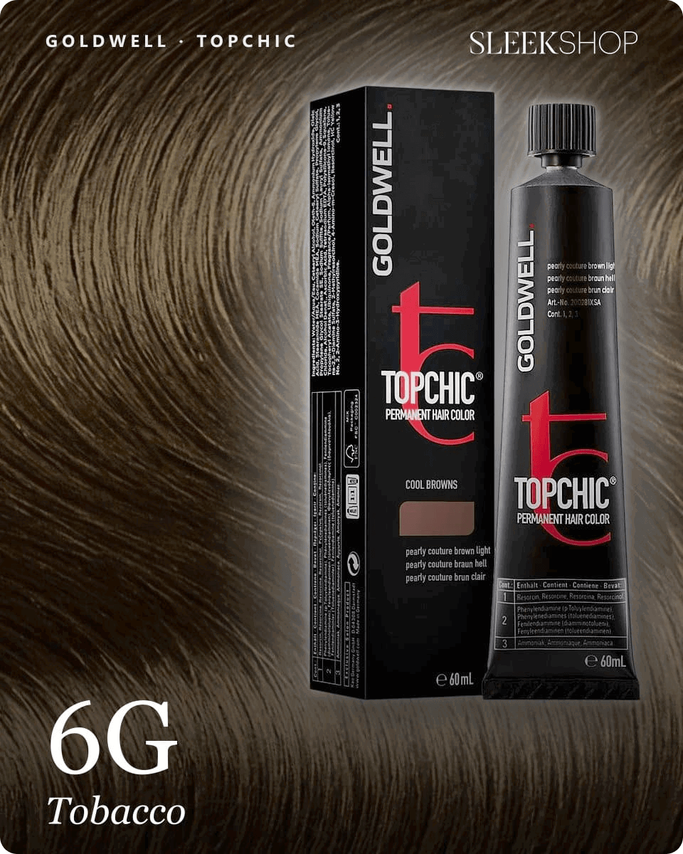 goldwell topchic 6g tobacco hair color -- shade swatch with product packaging