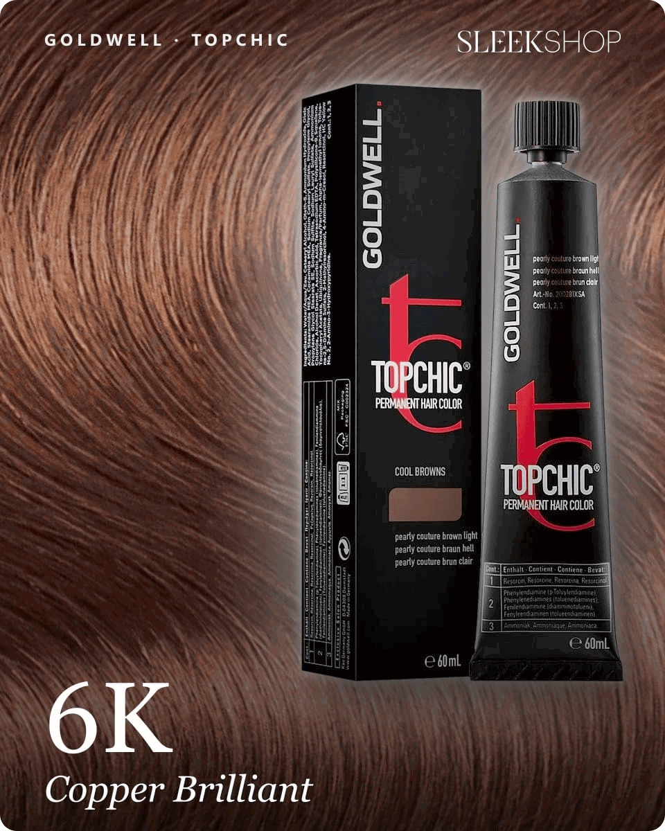 goldwell topchic 6k copper brilliant hair color -- shade swatch with product packaging