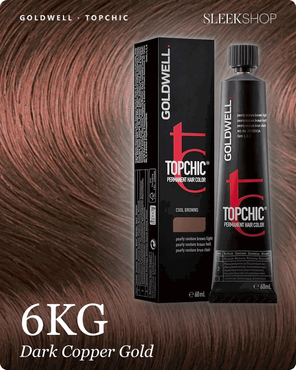goldwell topchic 6kg dark copper gold hair color -- shade swatch with product packaging